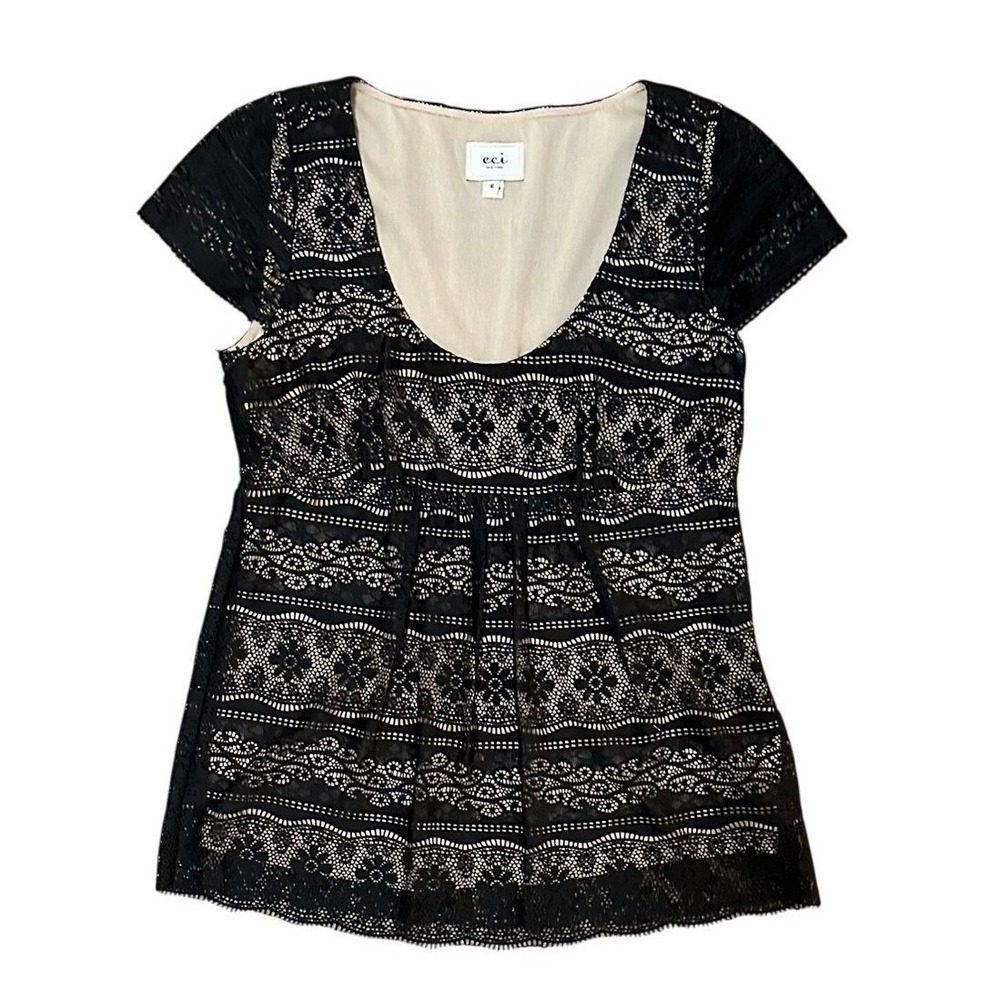 ECI Lace Blouse Women 6 Black Empire Waist Short Sleeve Scoop Neck Whimsigoth - Picture 1 of 16